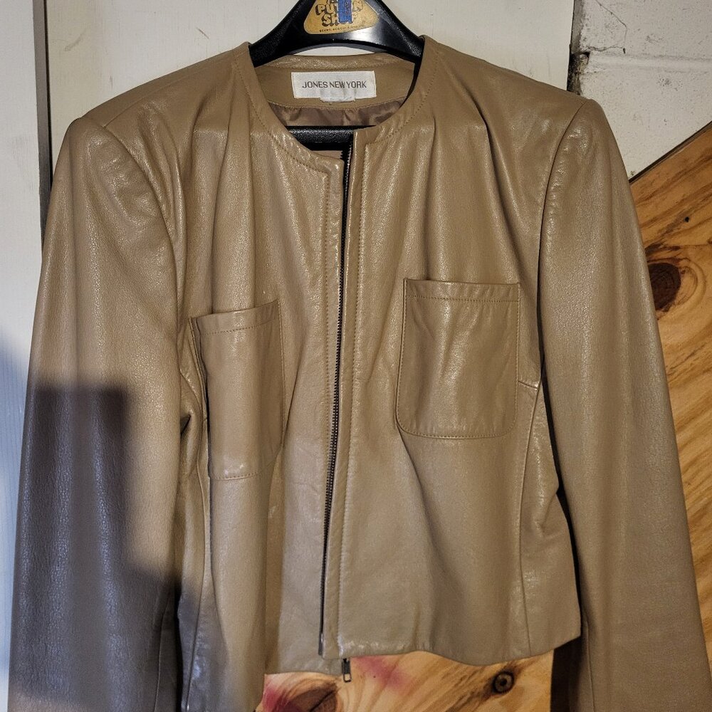 Jones New York Tan Leather Jacket - Collarless Zip Front with Pockets